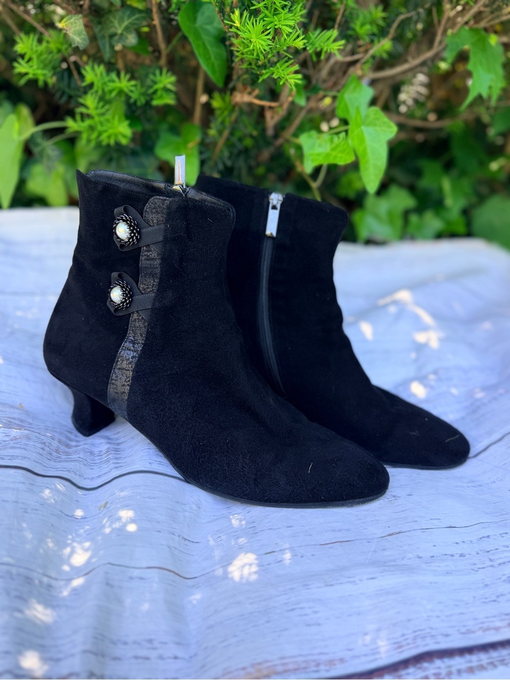 Thierry Rabotin Black Suede Ankle Booties with Decorative Buttons
